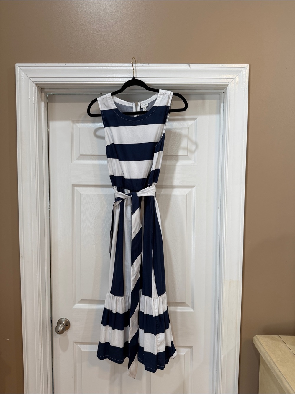 J Crew Factory Navy and White Striped Sleeveless Maxi Dress with Tie Waist.